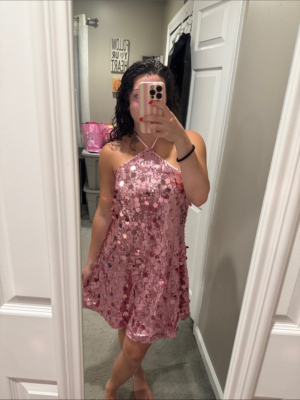 Pink Sequin Halter Mini Dress